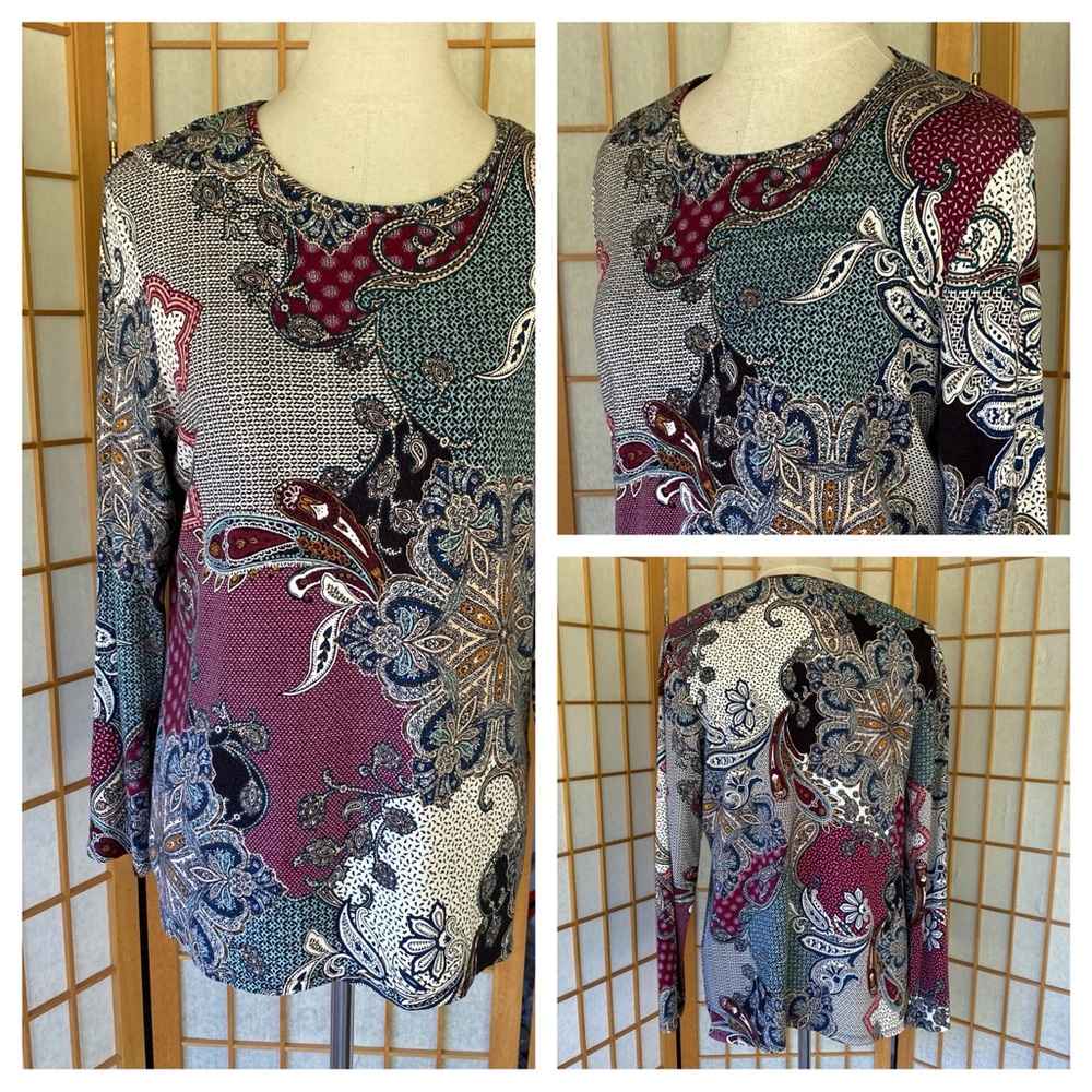 Chico’s Abstract Print Long Sleeve Stretch T Shirt Style Top SZ L